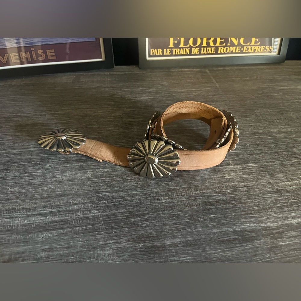 Vintage light brown suede disc belt for women with silver oval buckle